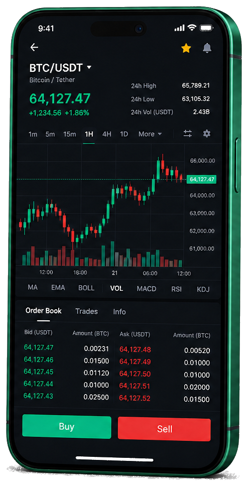 Piattaforma mobile di trading Ventoluxyra — grafico BTC/USDT in tempo reale, book degli ordini e strumenti per acquistare o vendere
